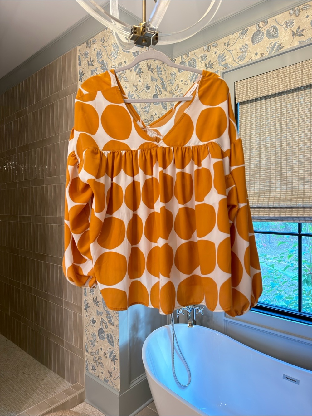 Women’s Orange Polka Dot V-Neck Blouse